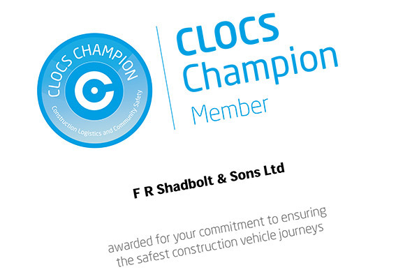 CLOCS Champion certificate awarded to FR Shadbolt & Sons Ltd